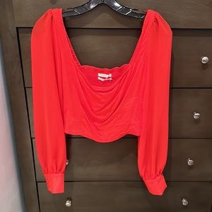 NWT Urban Outfitters Red Lena Sheer Sleeve Square Neck Smocked Top Medium